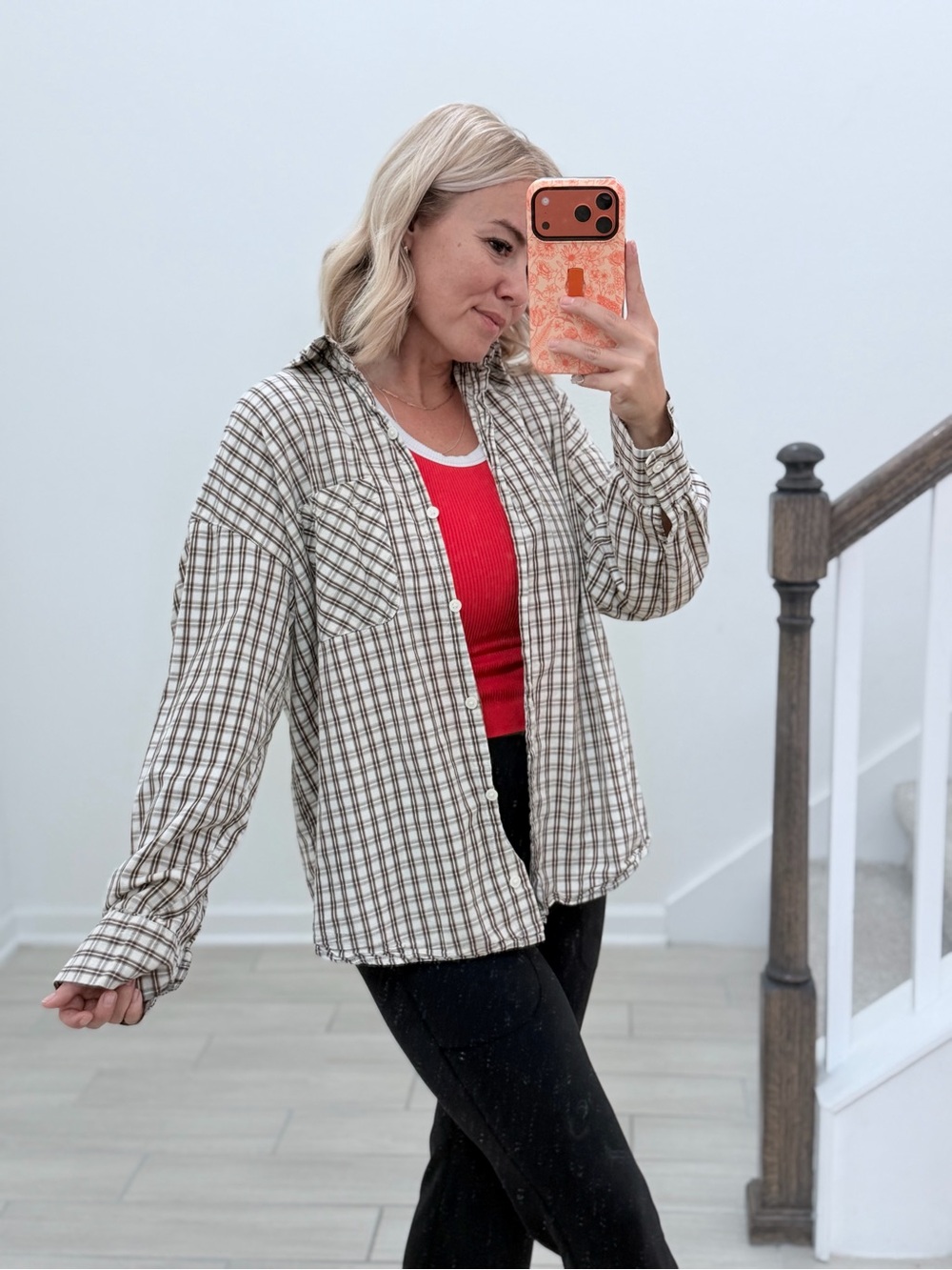 Oversized Beige Plaid Button-Up Shirt - Women's Top Size Small